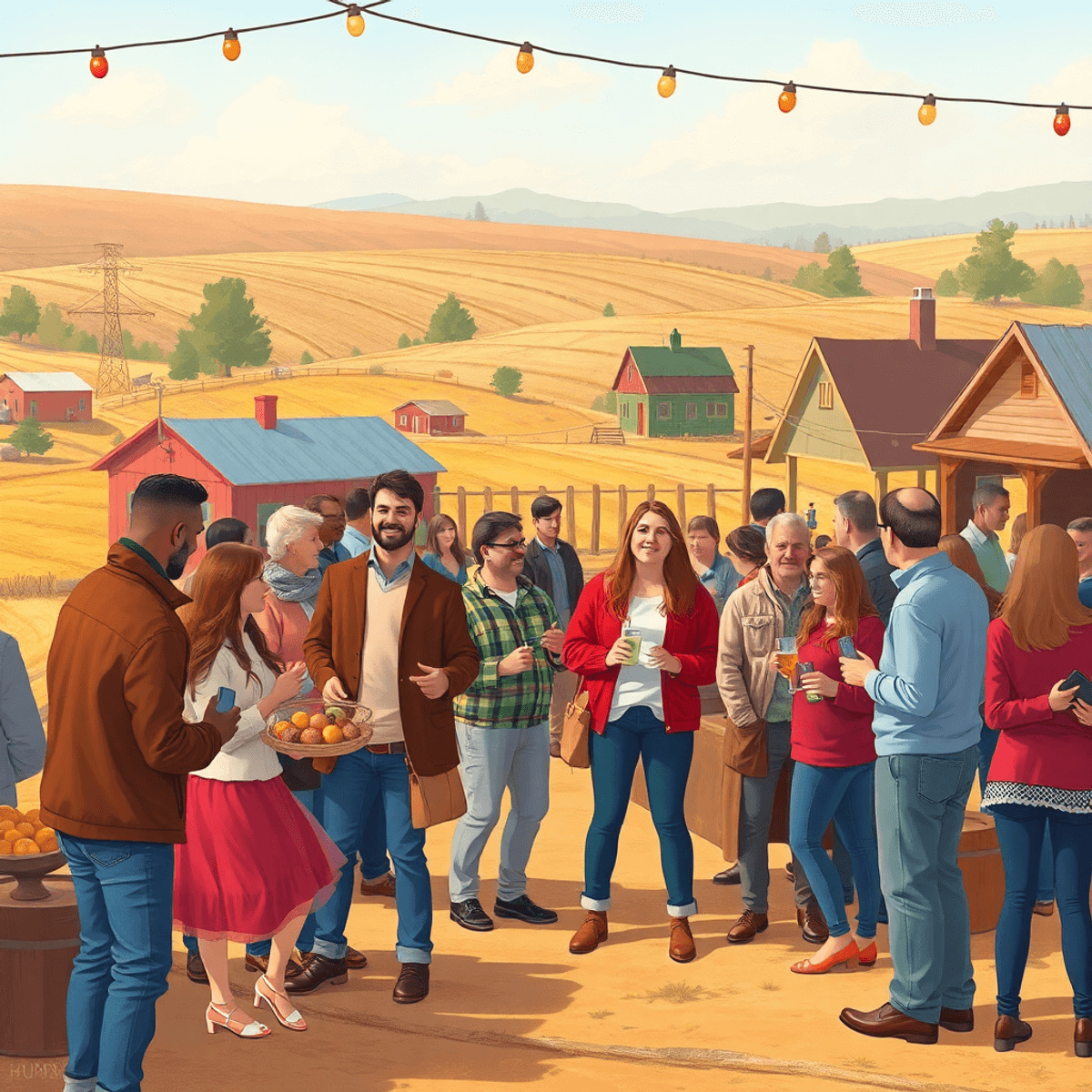 A lively small-town gathering in Huron, California, with locals chatting and celebrating seasonal festivities against a backdrop of fields, radiati...
