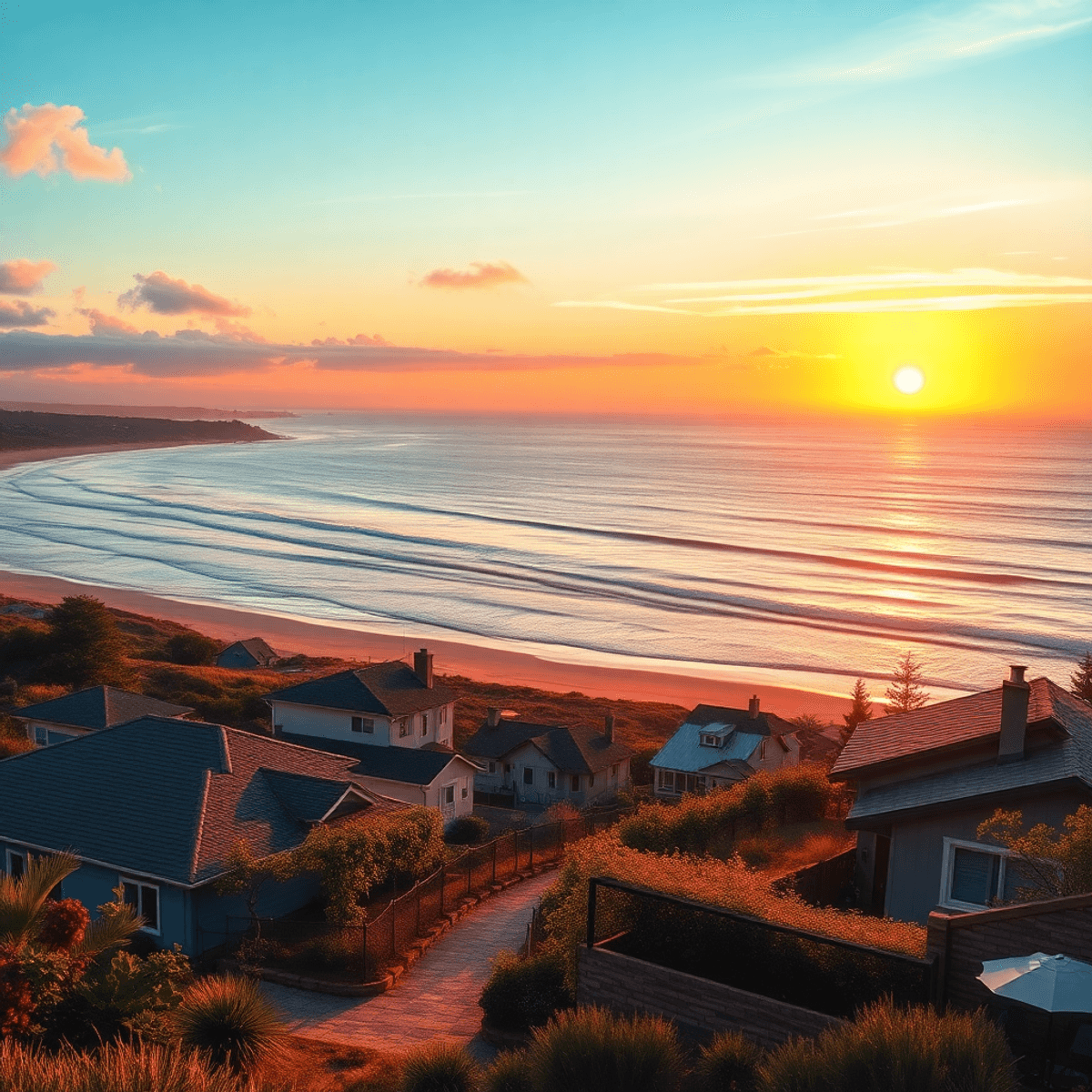 A sunset over the beach in Cambria, California, with ocean views, local vineyards, and people enjoying wine glasses and beach walks, creating a rom...