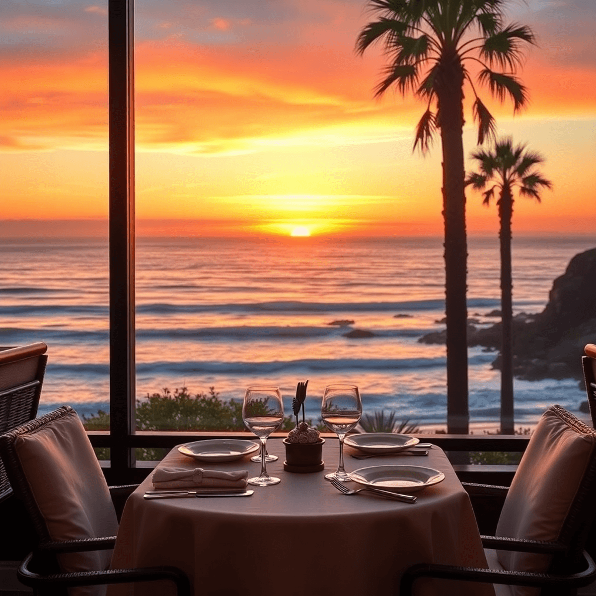A romantic sunset view over the ocean with a cozy table for two, elegant dining ware, palm trees, and gentle waves creating a charming atmosphere.