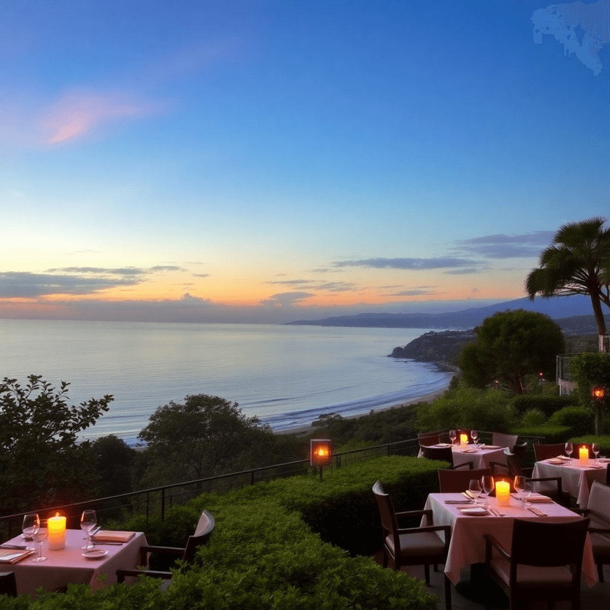 A scenic view of Montecito's coastline with lush greenery, elegant candlelit dining settings, and a romantic sunset sky, capturing sophistication a...