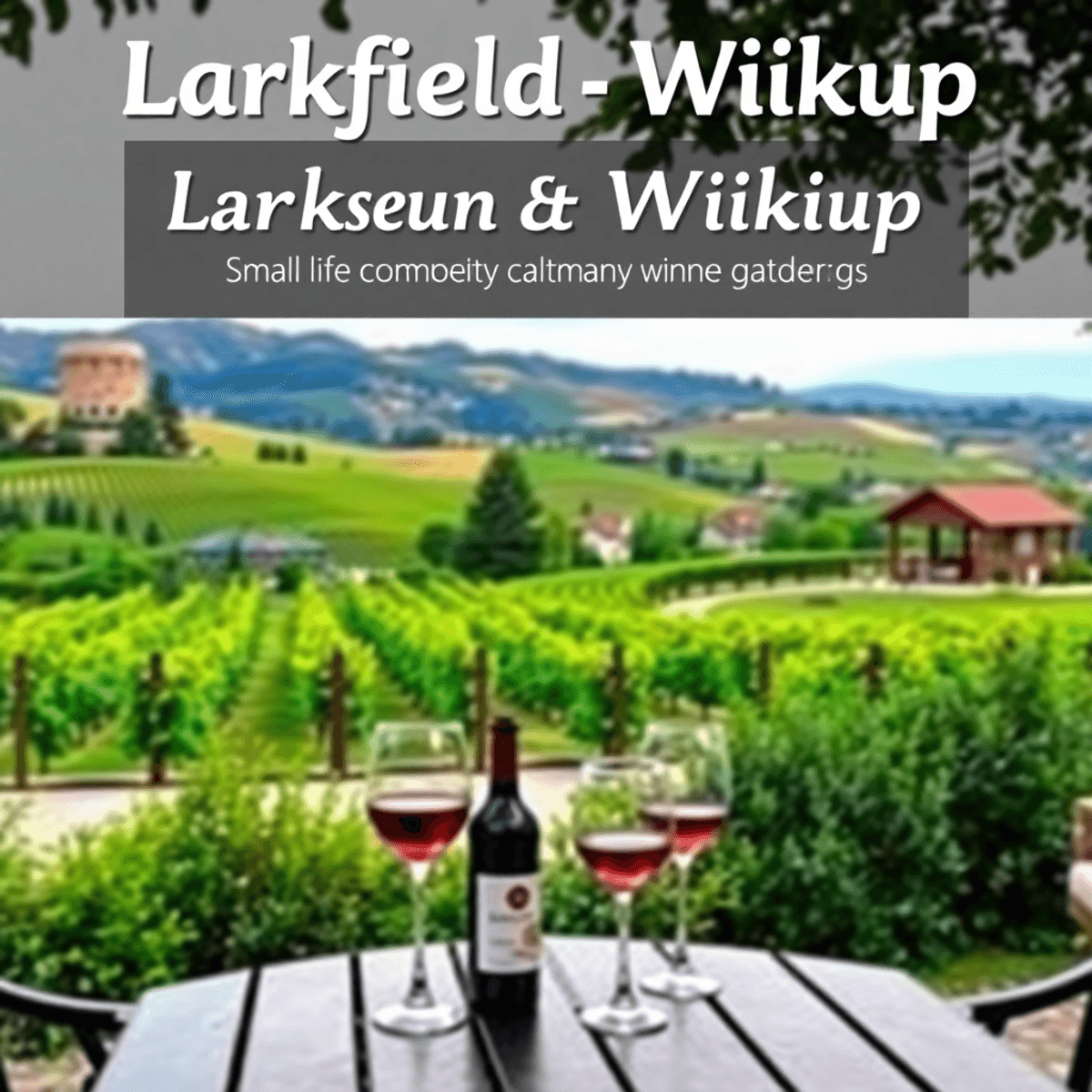 A cozy outdoor table set for a romantic wine tasting, featuring a bottle of wine and glasses, with rolling vineyards and lush greenery in the backg...