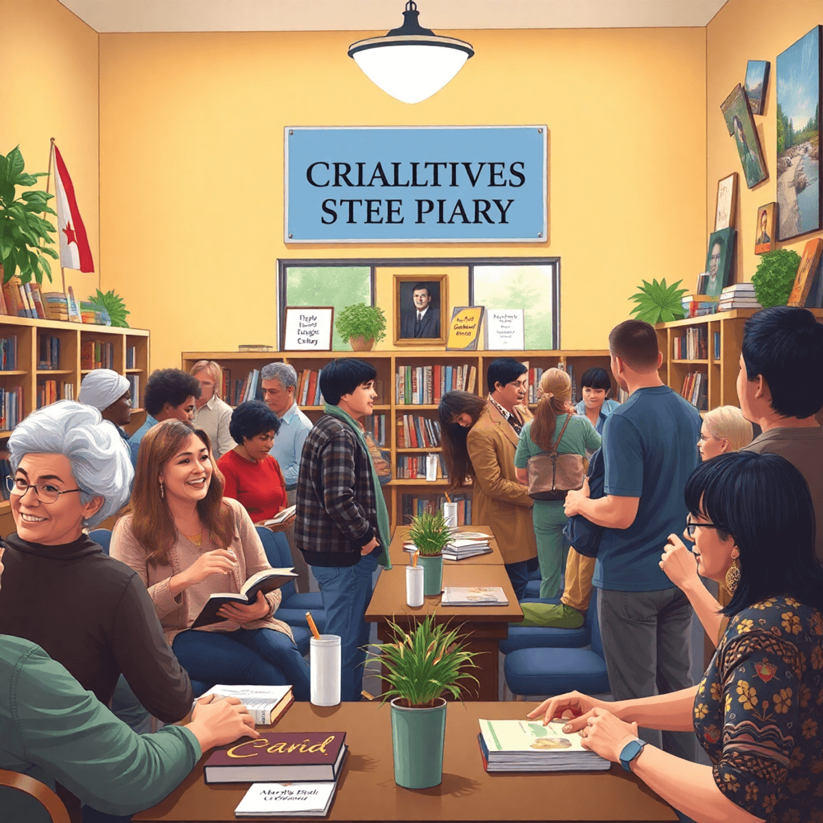 A lively community gathering at the Orland Free Library with individuals chatting and enjoying themed events, surrounded by books and local decorat...