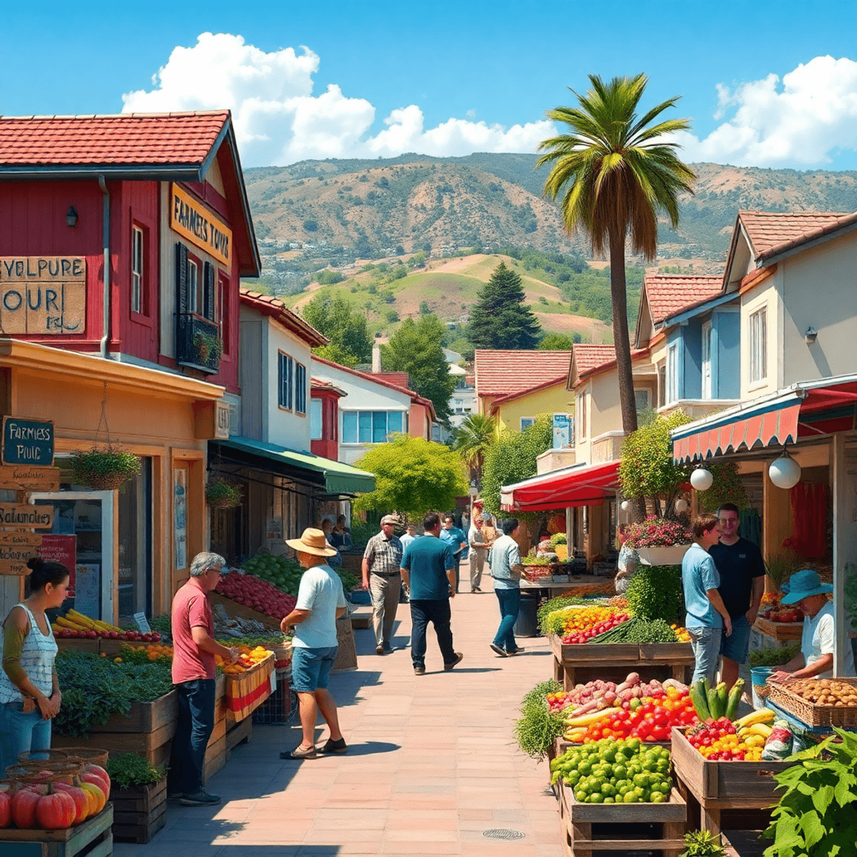 A vibrant farmers' market in a small California town, with colorful stalls of fresh produce and locals chatting, showcasing a warm, close-knit comm...