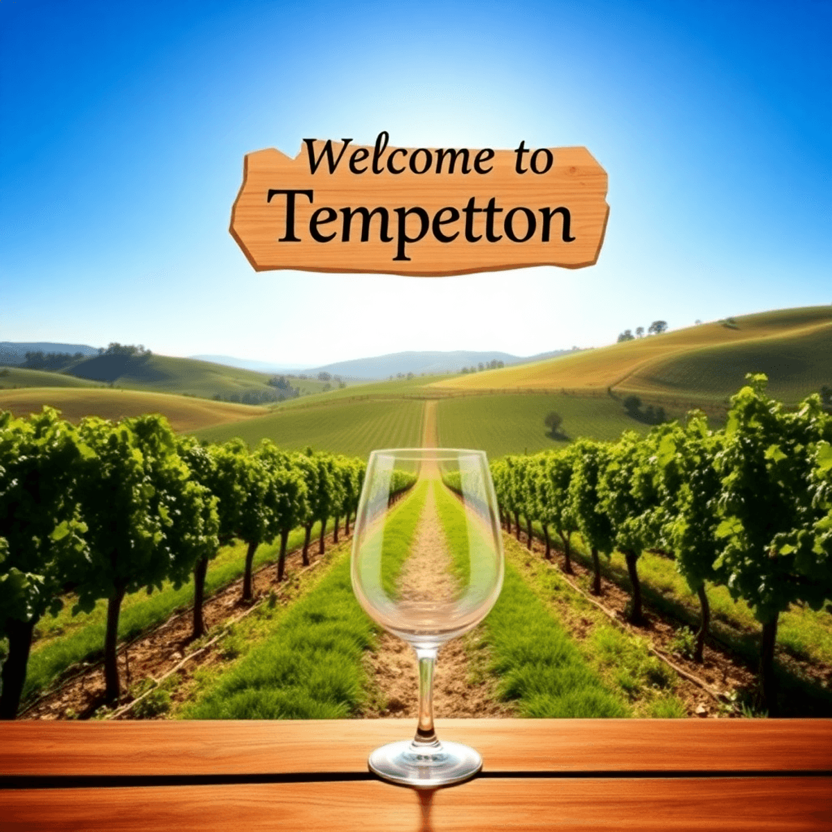 A scenic vineyard in Templeton, California, with rolling hills of grapevines under a blue sky, featuring a rustic sign and an elegant wine glass on...