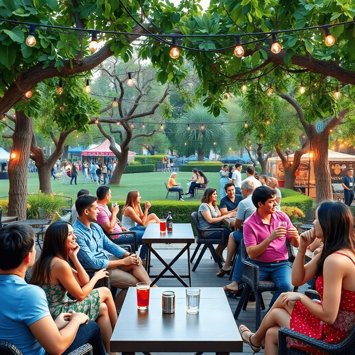 A lively outdoor speed dating event in Alondra Park, featuring singles engaging in conversation amidst lush greenery, cozy seating areas, and table...
