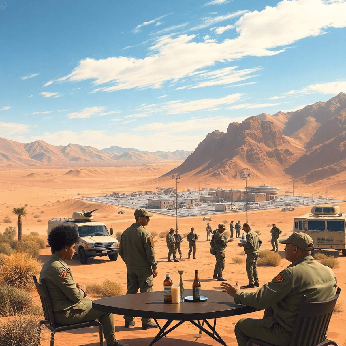 A scenic view of the Mojave Desert with a U.S. Army base in the background, showcasing military personnel engaging in social activities amidst dese...