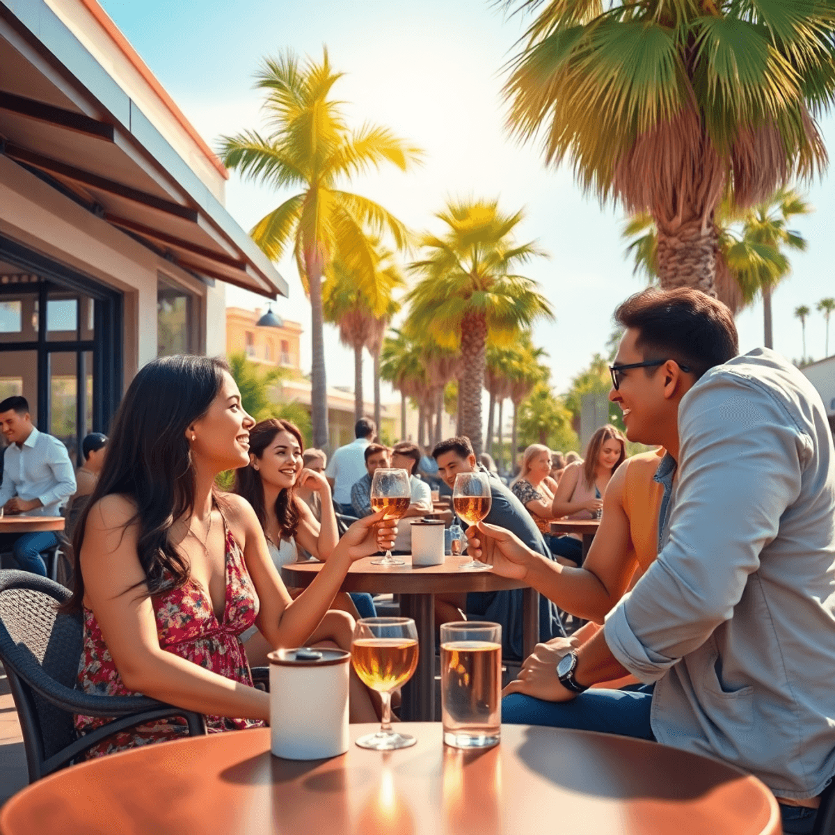 A lively outdoor scene with young professionals enjoying drinks at a coffee shop, surrounded by palm trees and sunshine, capturing a moment of love...
