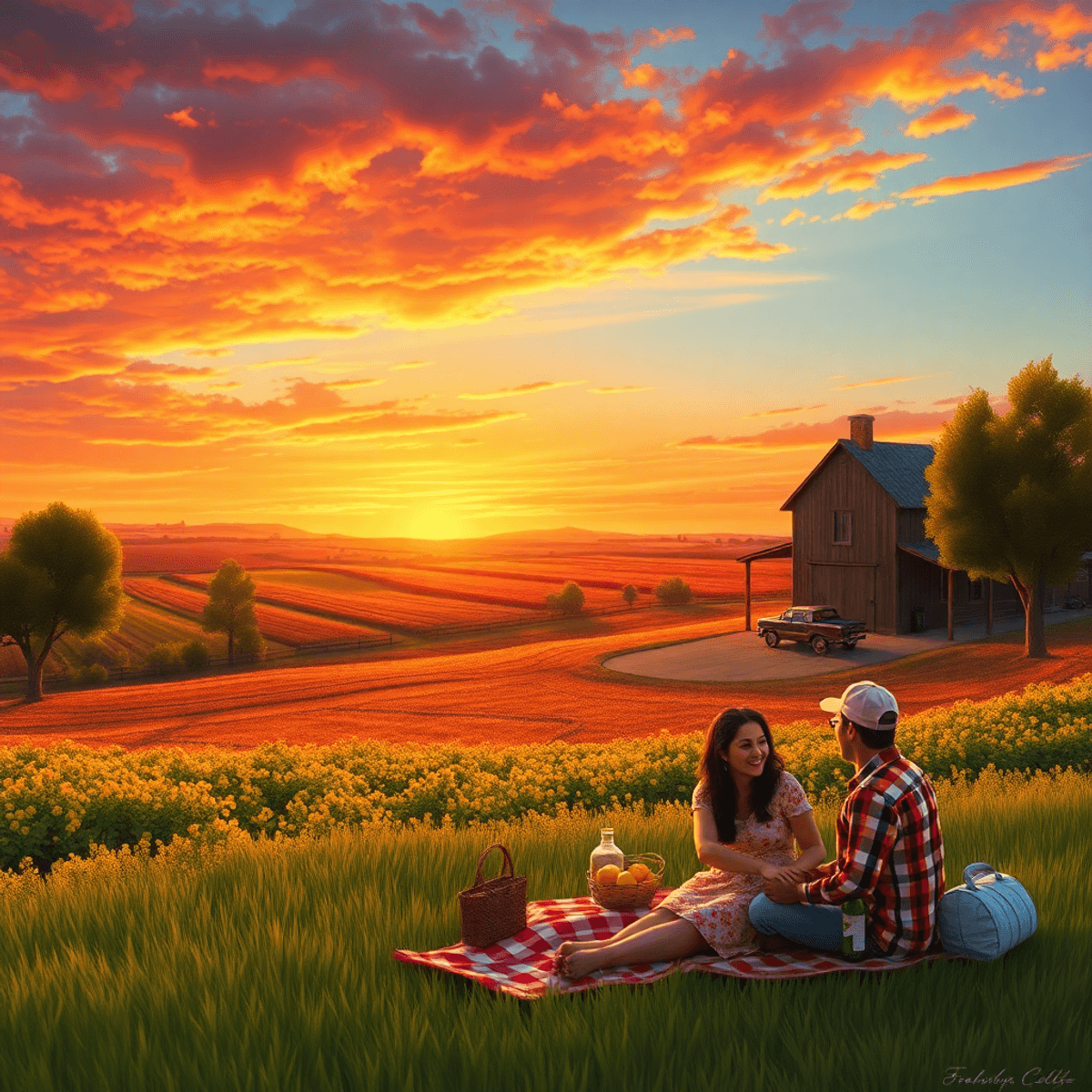A vibrant sunset casts warm hues over lush agricultural fields, with a quaint farmhouse nearby and a couple enjoying a picnic, symbolizing communit...