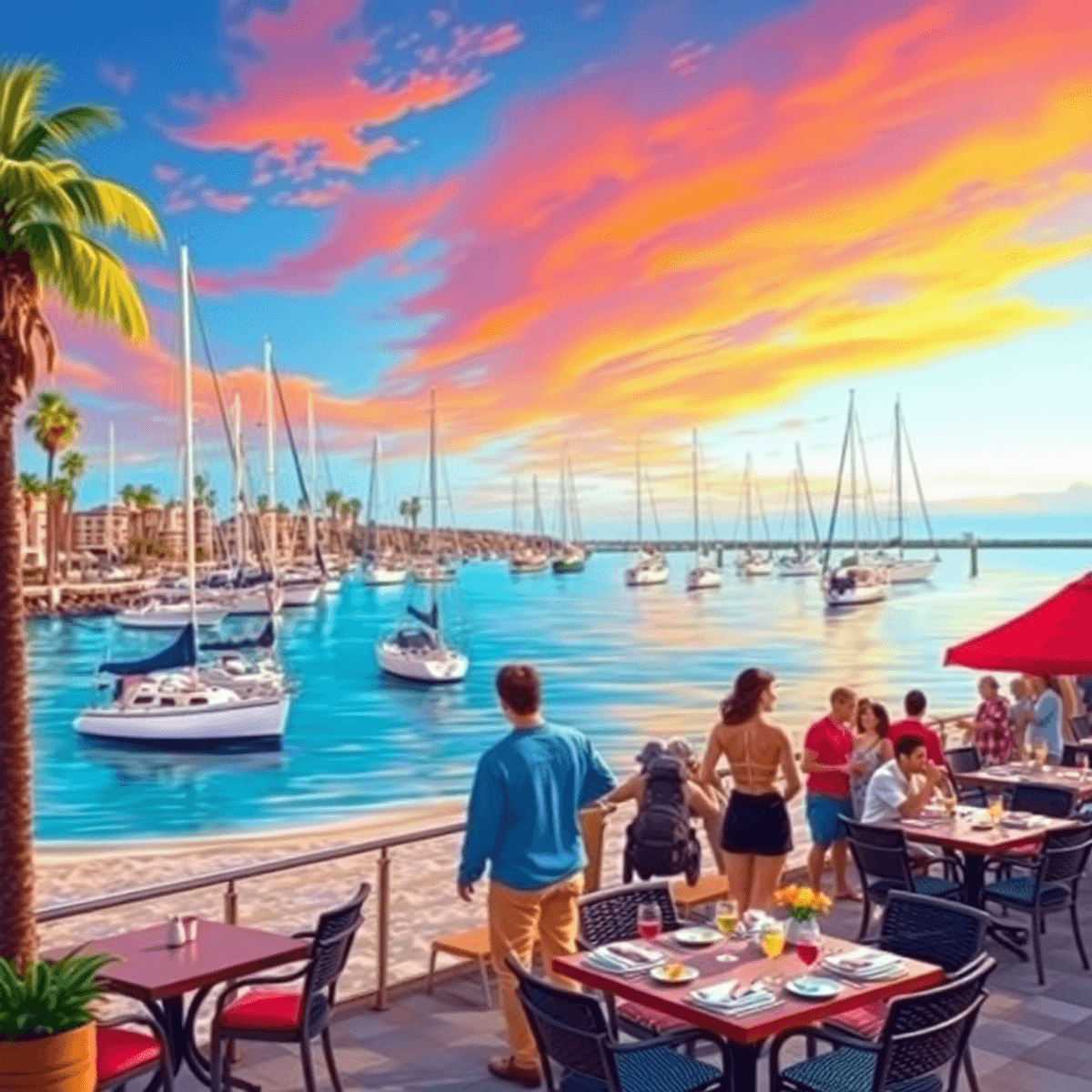 A vibrant beach scene in Marina del Rey with sailboats, palm trees, couples enjoying the sunset, and outdoor dining, capturing a romantic and livel...