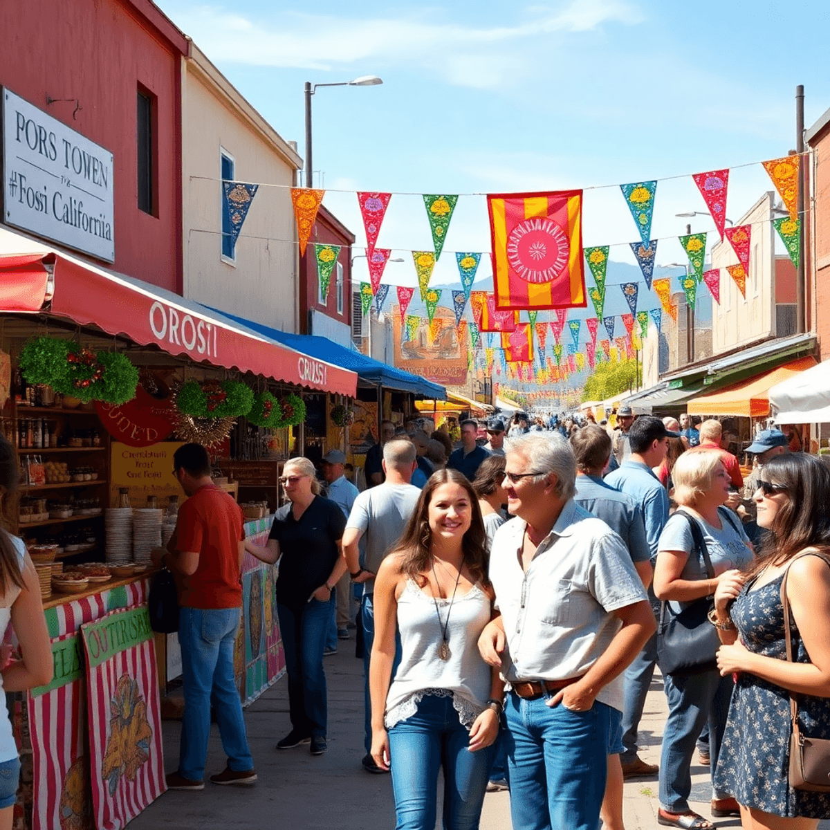 A lively small-town festival in Orosi, California, with vibrant food stalls, colorful banners, and cheerful attendees enjoying the community spirit...