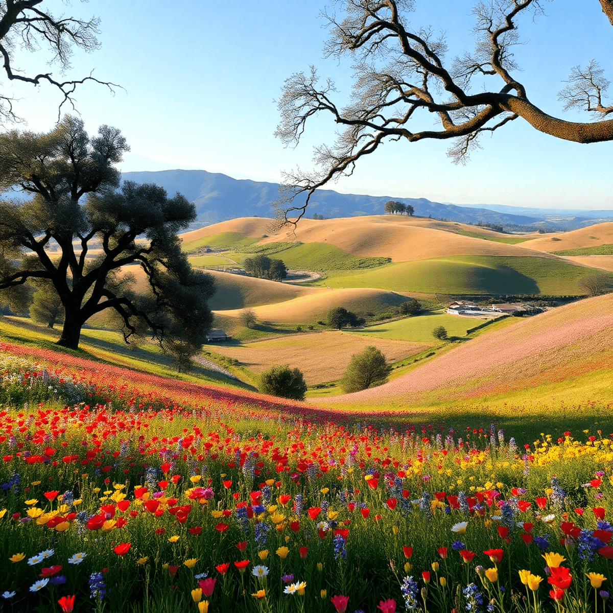 A serene view of rolling hills adorned with colorful wildflowers, framed by oak trees, capturing the tranquil beauty of La Cresta, California.