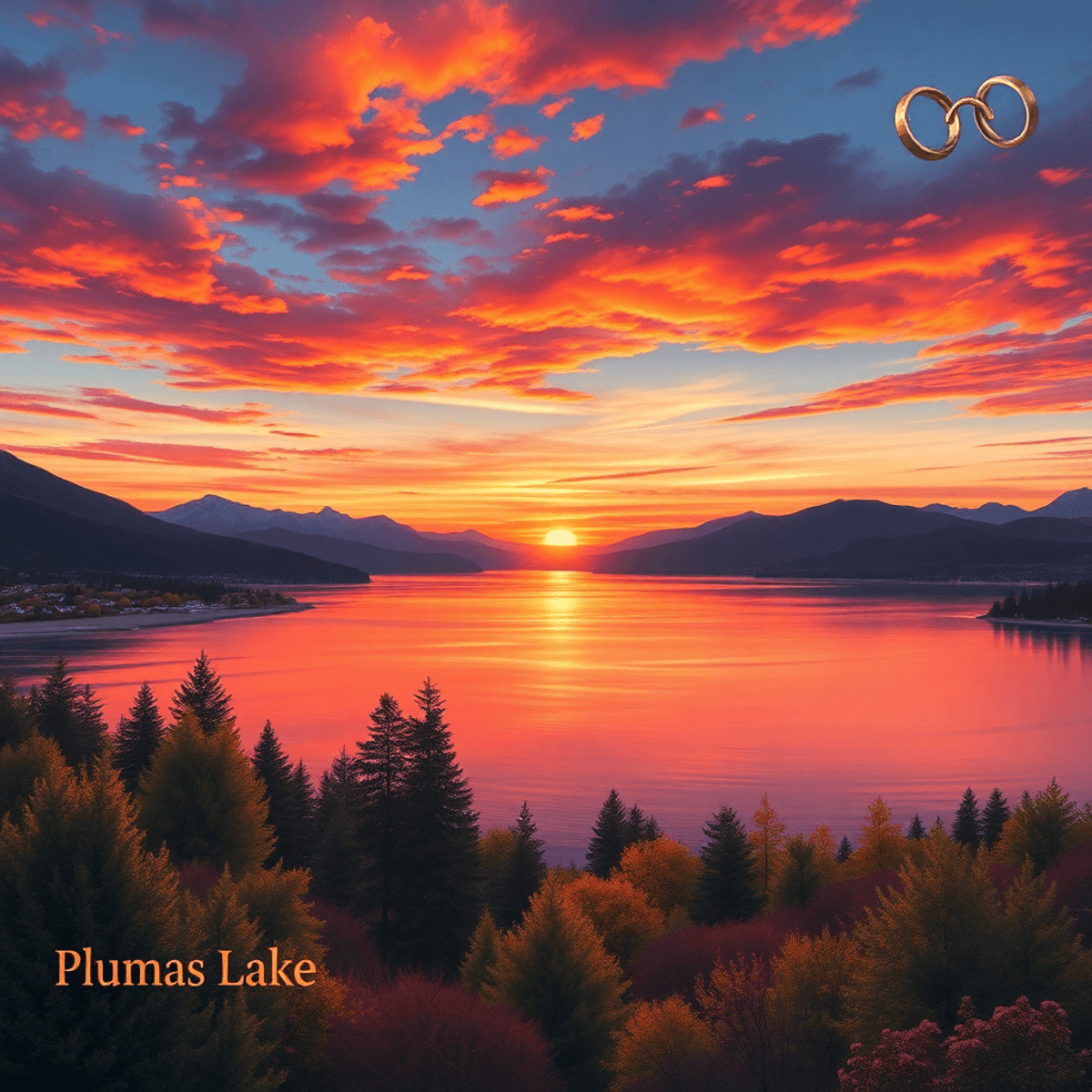A vibrant sunset over Plumas Lake with hearts and intertwined rings subtly integrated into the landscape, evoking romance and the charm of small-to...