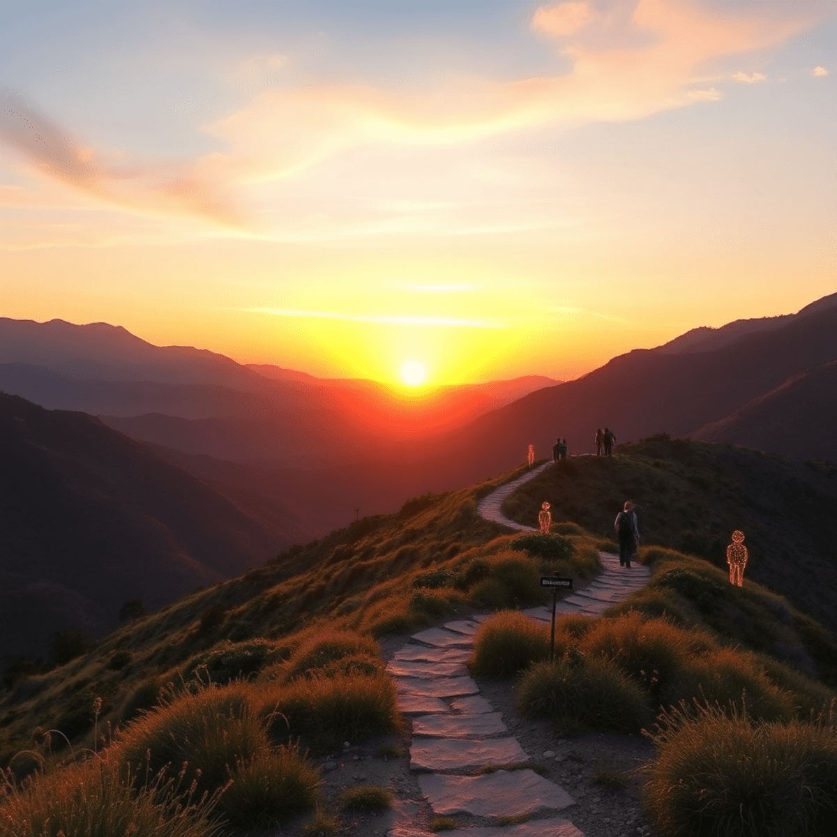 A picturesque sunset over the Santa Monica Mountains, featuring a winding hiking trail adorned with vibrant art installations and sculptures, evoki...