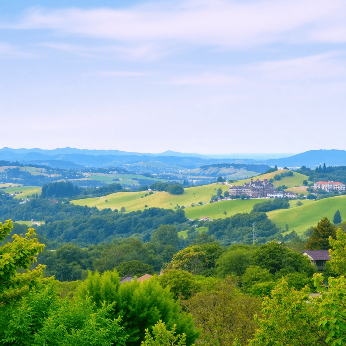 A scenic view of rolling hills and lush greenery in Los Altos Hills, California, with modern architecture peeking through, capturing a serene commu...