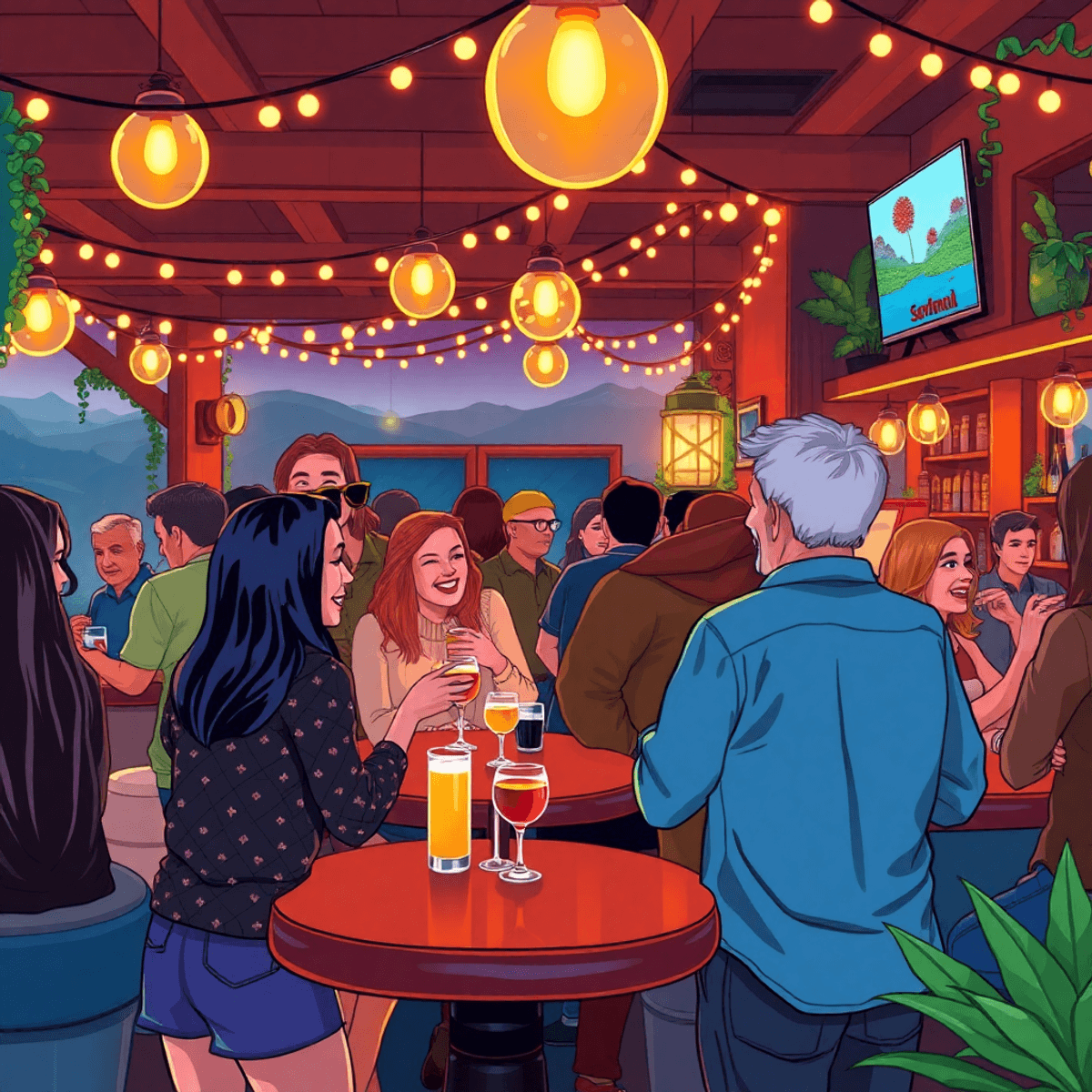 A cozy bar scene in Scotts Valley, California, with twinkling lights and people mingling, surrounded by lush greenery and mountains, evoking a warm...