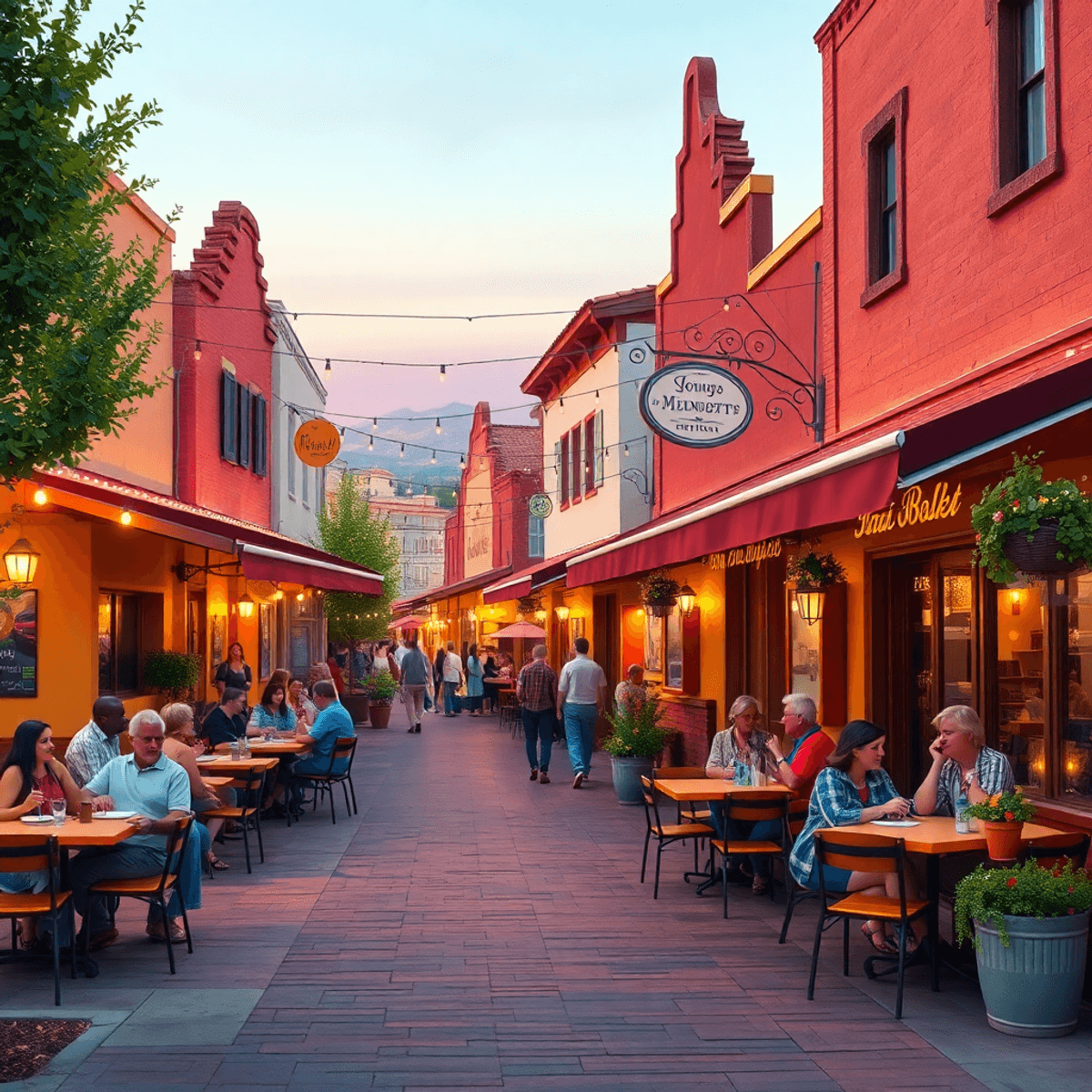 A lively small-town street in Mendota, California, showcasing local restaurants with outdoor seating, people enjoying meals, and a warm, inviting a...