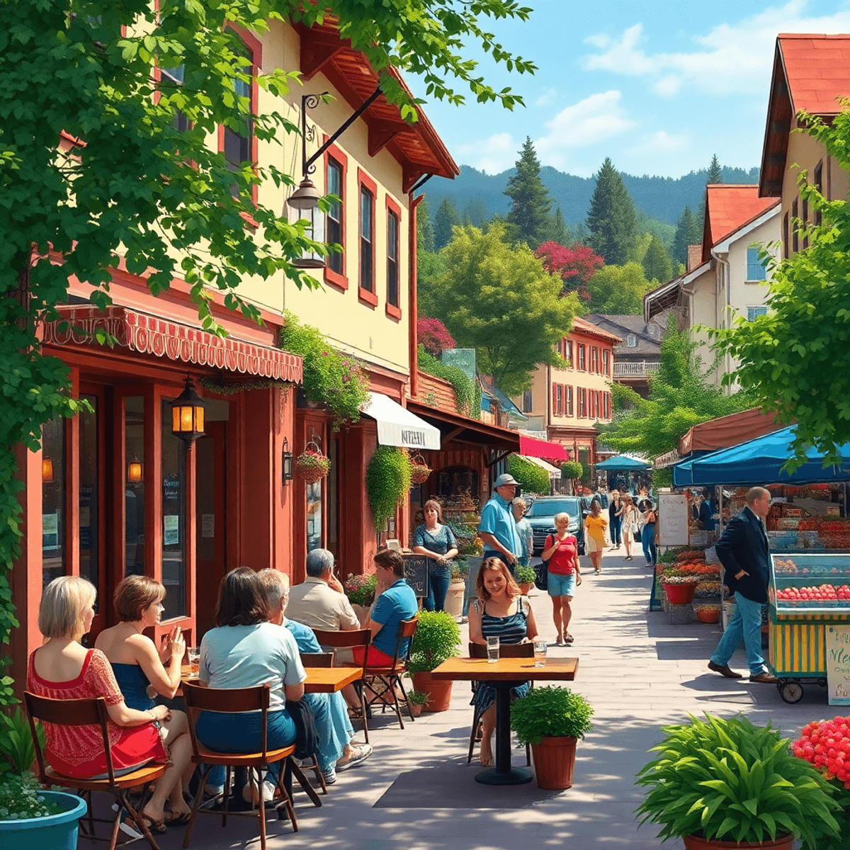 A charming small-town street in San Anselmo, California, filled with cozy cafes, outdoor seating, colorful market stalls, and lush greenery, creati...