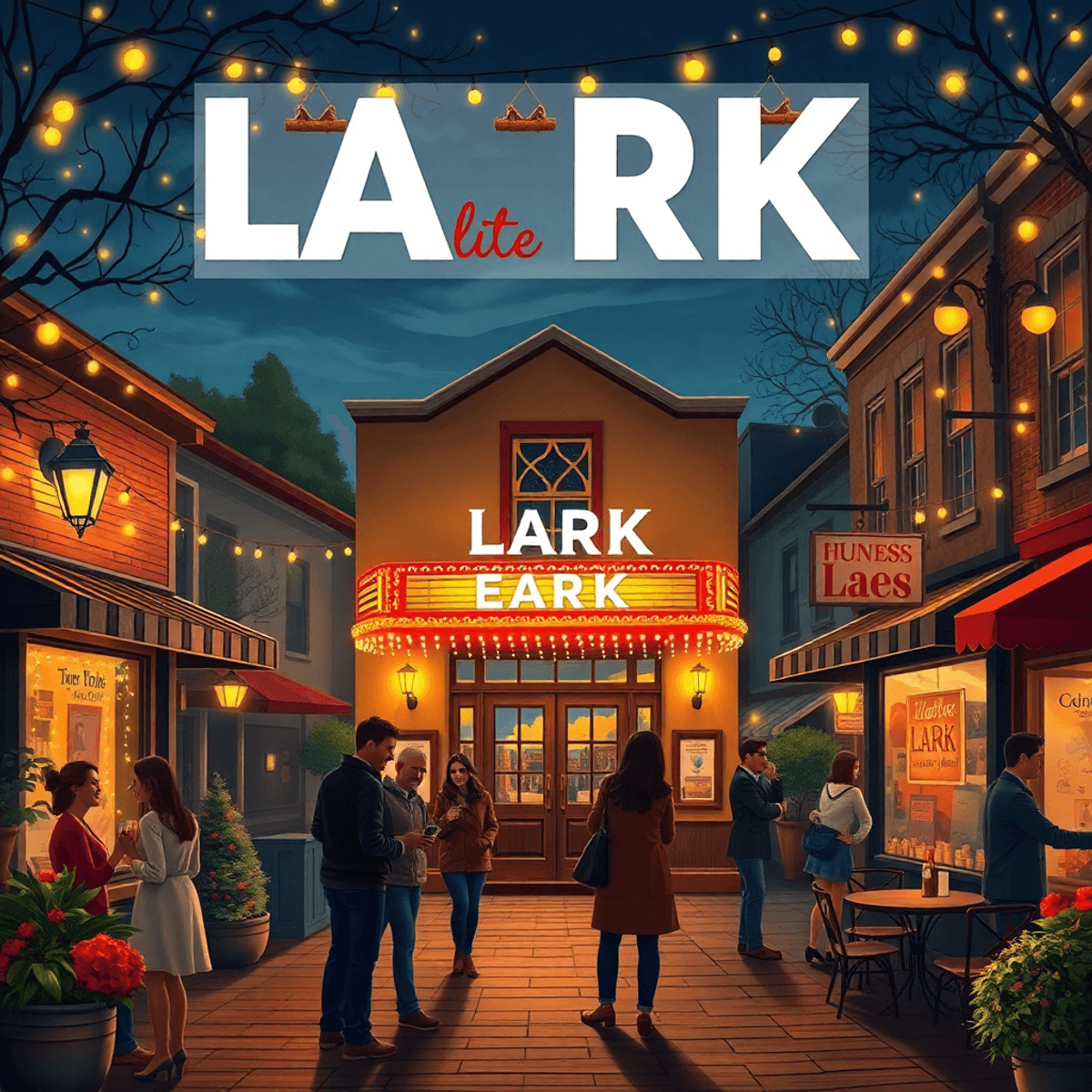 A charming small town scene at night with the historic Lark Theater illuminated, couples enjoying a romantic evening amidst twinkling lights and a ...