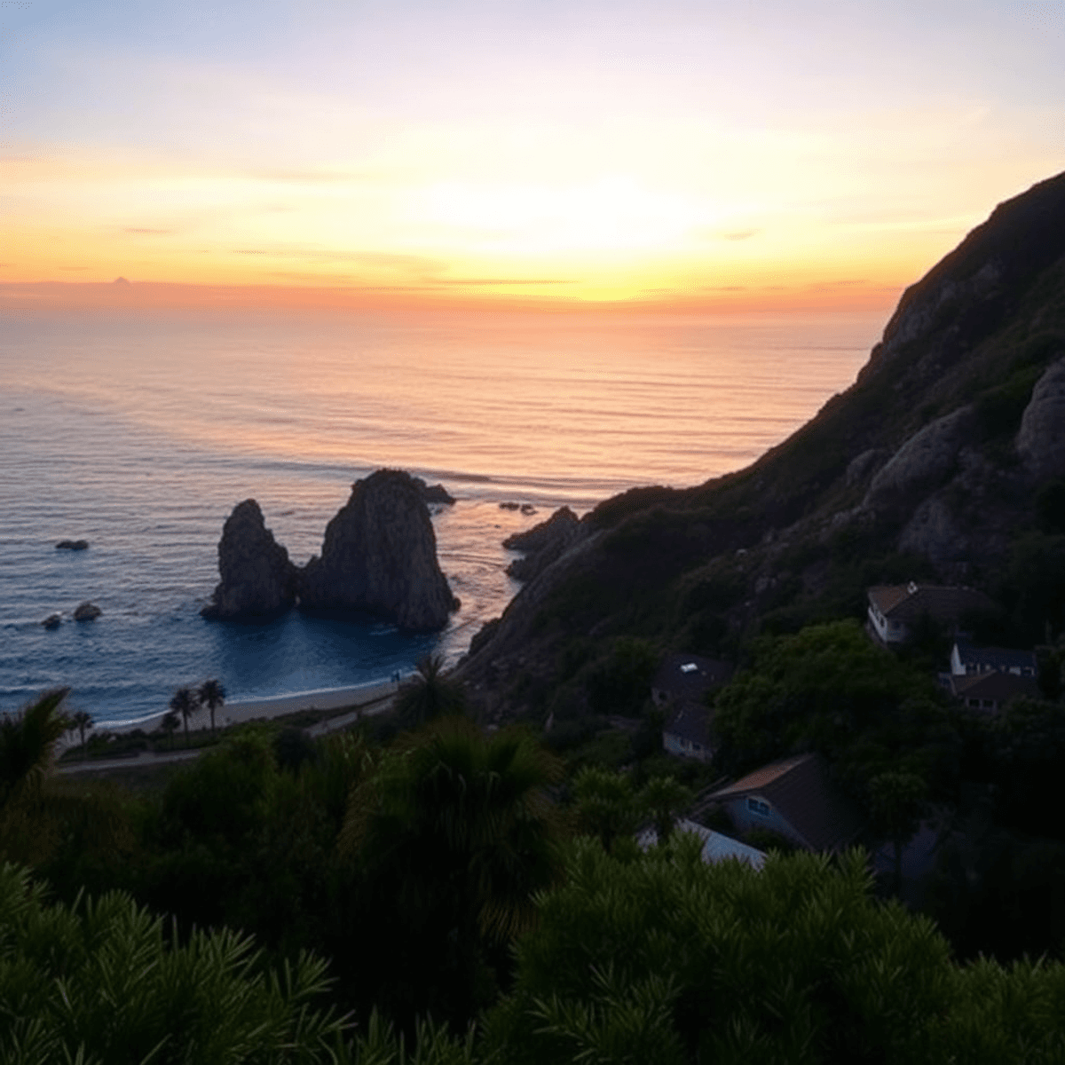 A breathtaking sunset over the California coastline, showcasing rocky cliffs, ocean vistas, and lush greenery, creating a romantic and adventurous ...