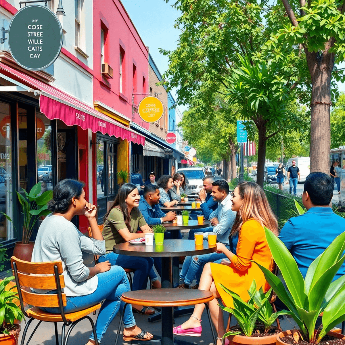 A lively street scene in Emeryville, California, featuring singles enjoying a coffee shop meetup with cozy outdoor seating and colorful storefronts.