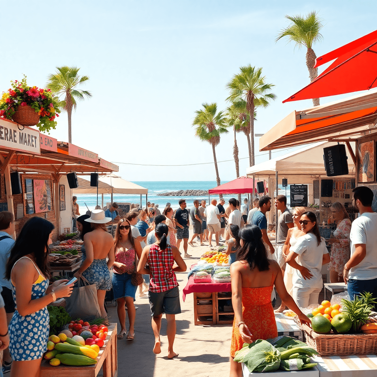 A sunny beach scene at Solana Beach, featuring colorful stalls with fresh produce and artisanal foods. People engage in lively conversations and en...