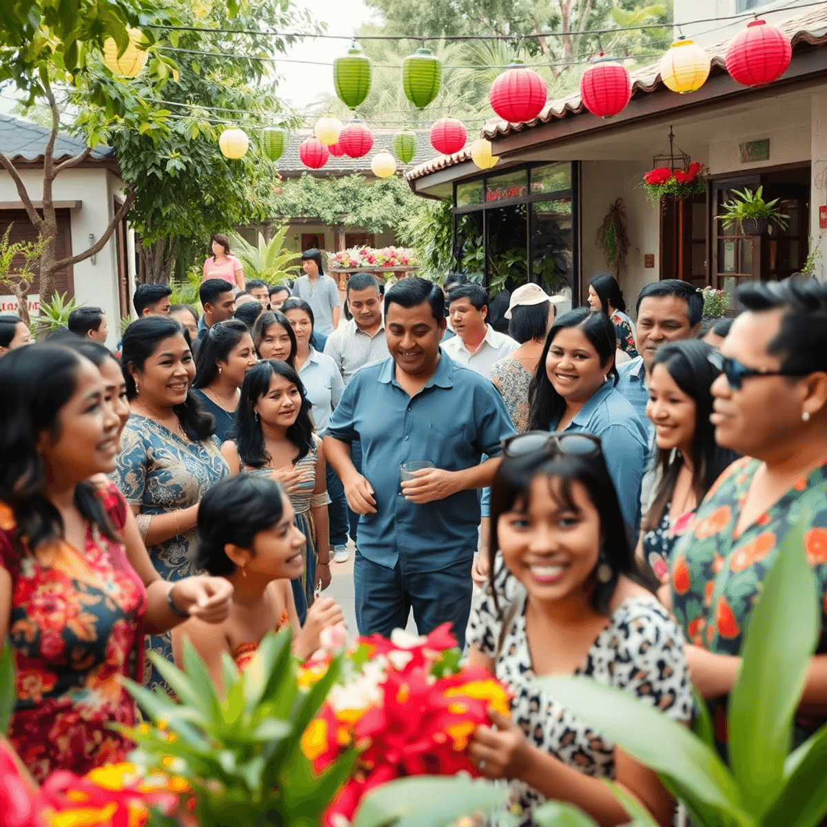 A lively outdoor cultural celebration in Avocado Heights, featuring a group of people enjoying festivities amidst greenery and colorful decorations...