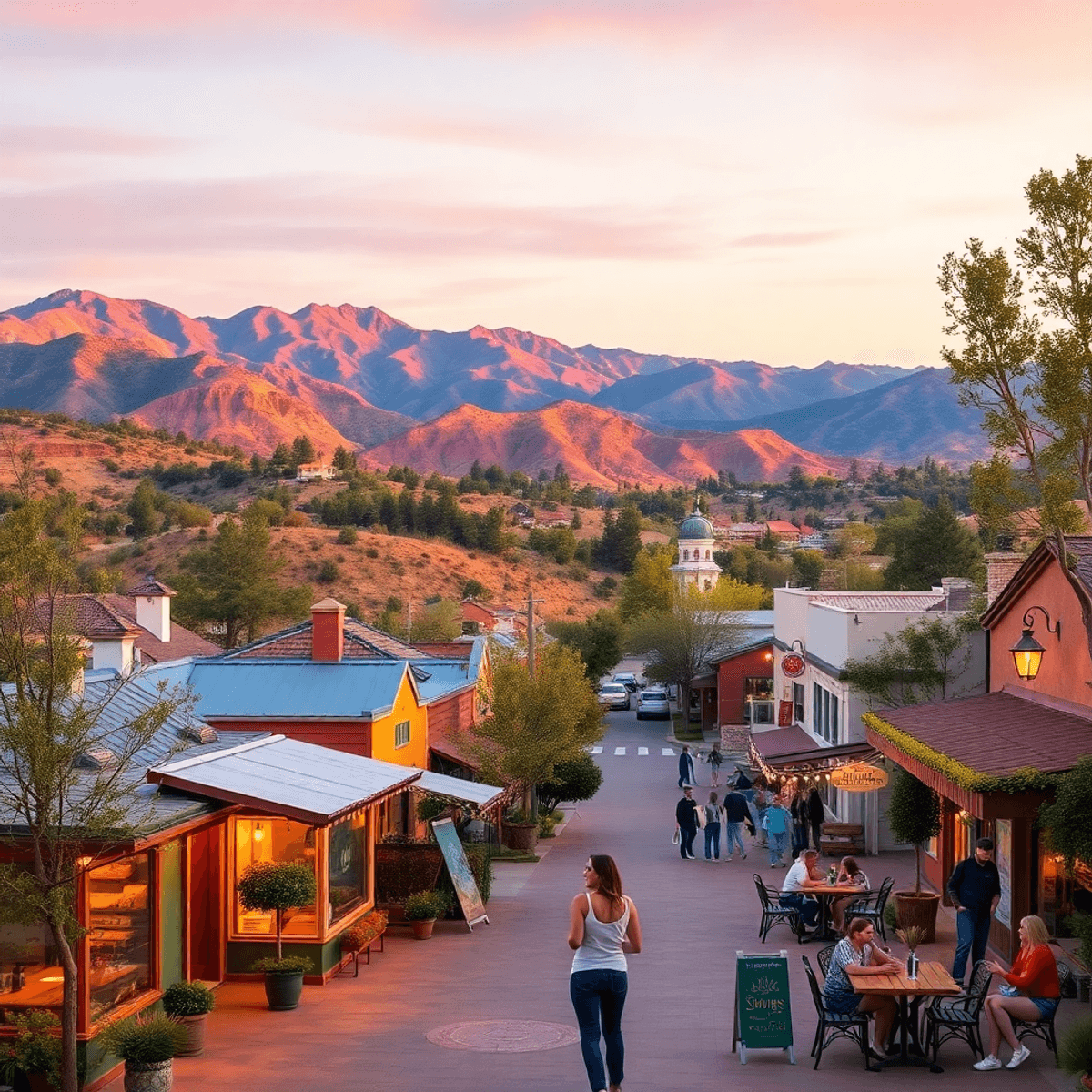 A scenic view of the Tehachapi Mountains with couples enjoying outdoor activities, art displays, and cozy cafes, capturing a warm and vibrant commu...