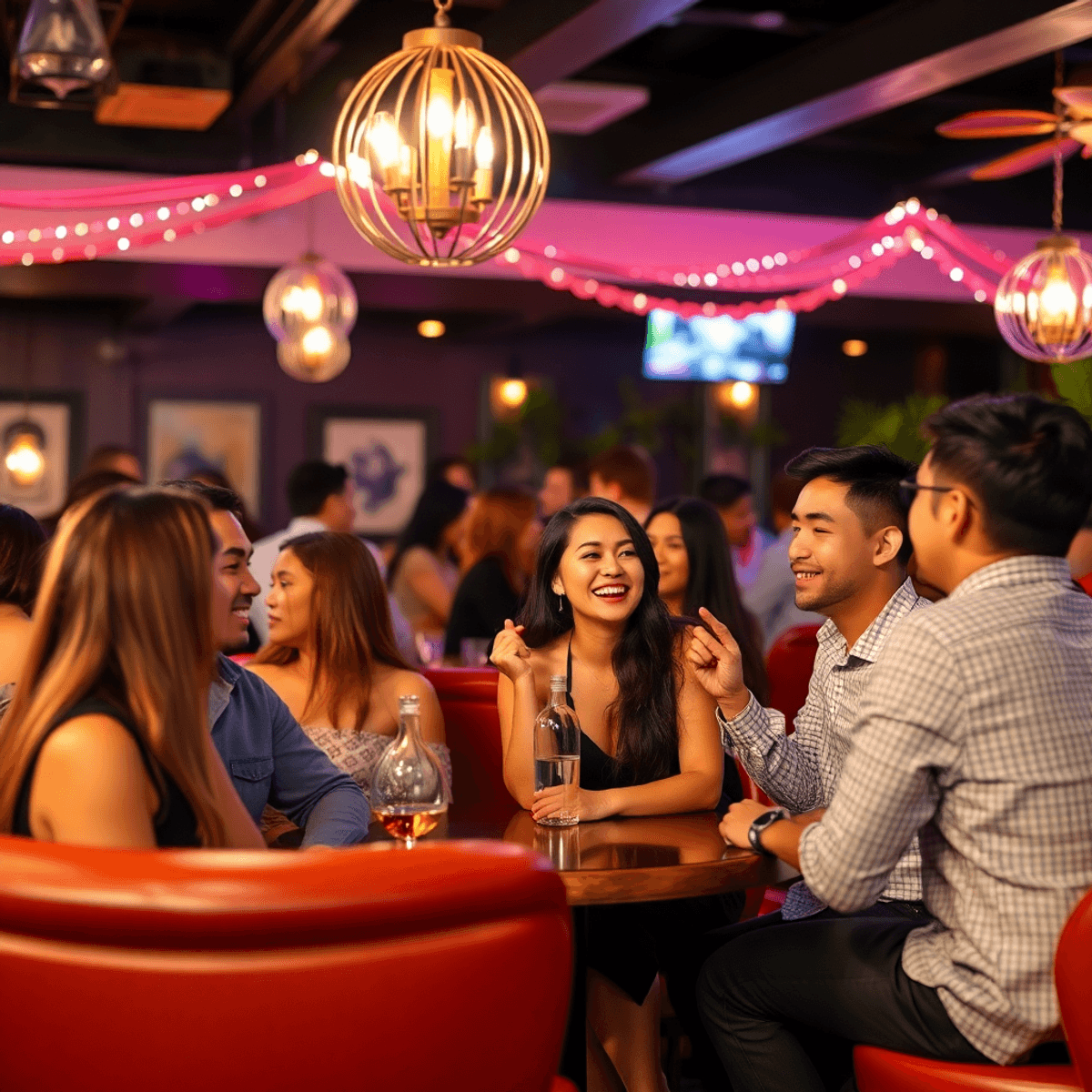 A lively social venue in North Fair Oaks with cozy seating, people mingling and laughing under bright lights, creating a warm and inviting atmosphe...