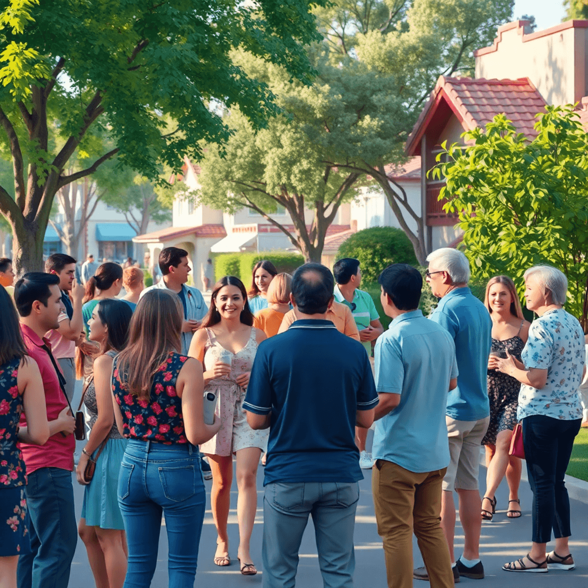 A lively social event in Oak Park, California, featuring singles interacting among trees and charming suburban architecture, highlighting connectio...