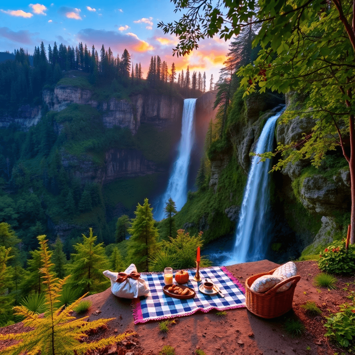 A scenic hiking trail in North Auburn, California, with lush greenery, a stunning waterfall, a cozy picnic setup, and a beautiful sunset creating a...