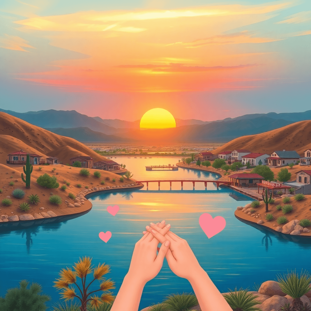 A scenic view of Lake Los Angeles at sunset, highlighting the high desert landscape with subtle heart symbols and intertwined hands integrated into...