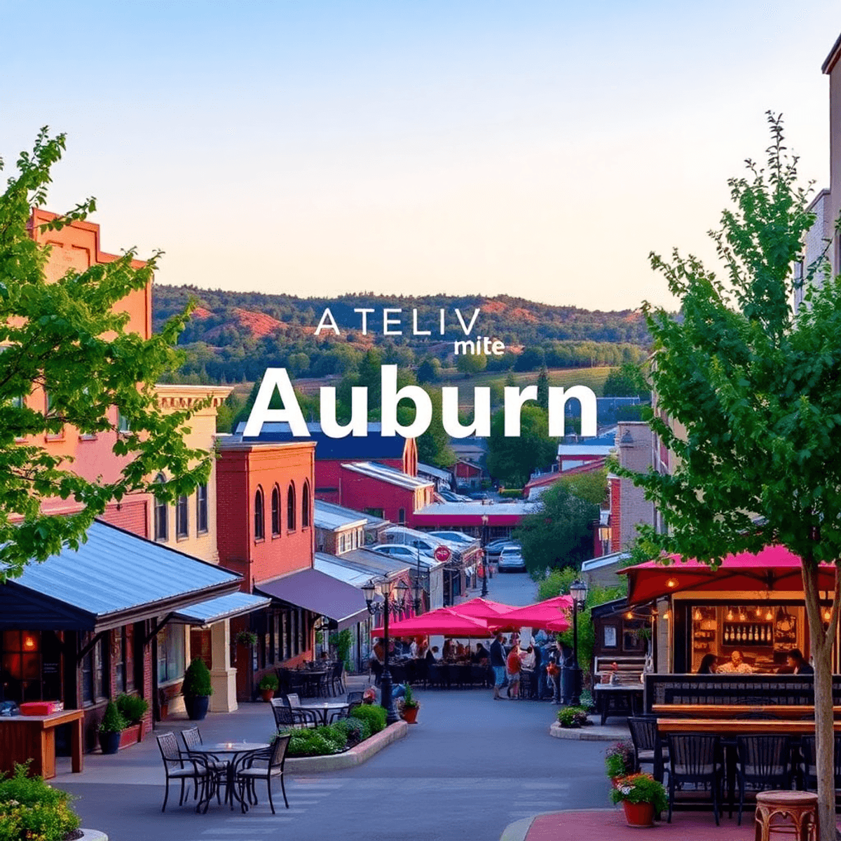 A scenic view of downtown Auburn, California, featuring cozy restaurants, vibrant outdoor spaces, a picturesque hiking trail, and a wine-tasting ve...