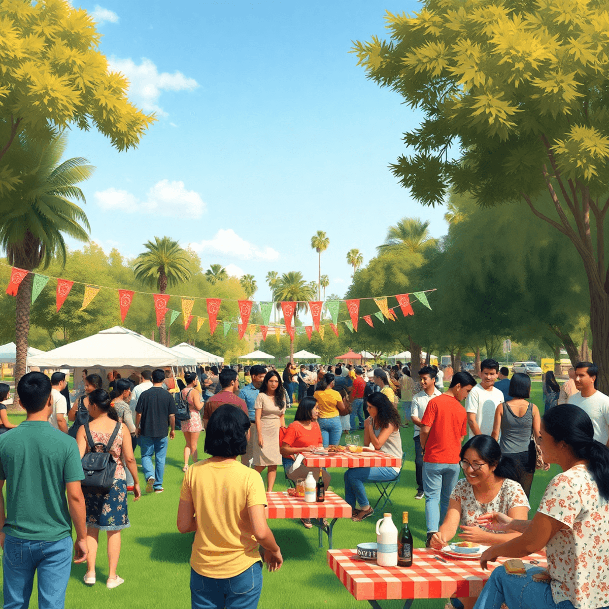 A lively park gathering in East Rancho Dominguez with colorful banners, picnic setups, and people engaging in conversation and activities under a w...