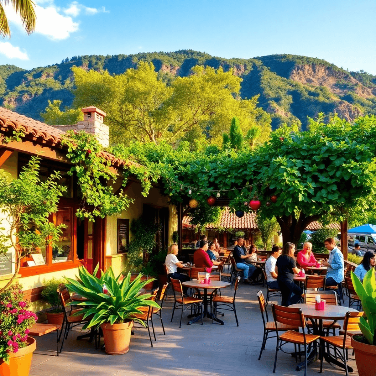 A scenic outdoor venue in Bonita, California, featuring lush greenery, cozy café tables, and a lively atmosphere that invites social interaction an...