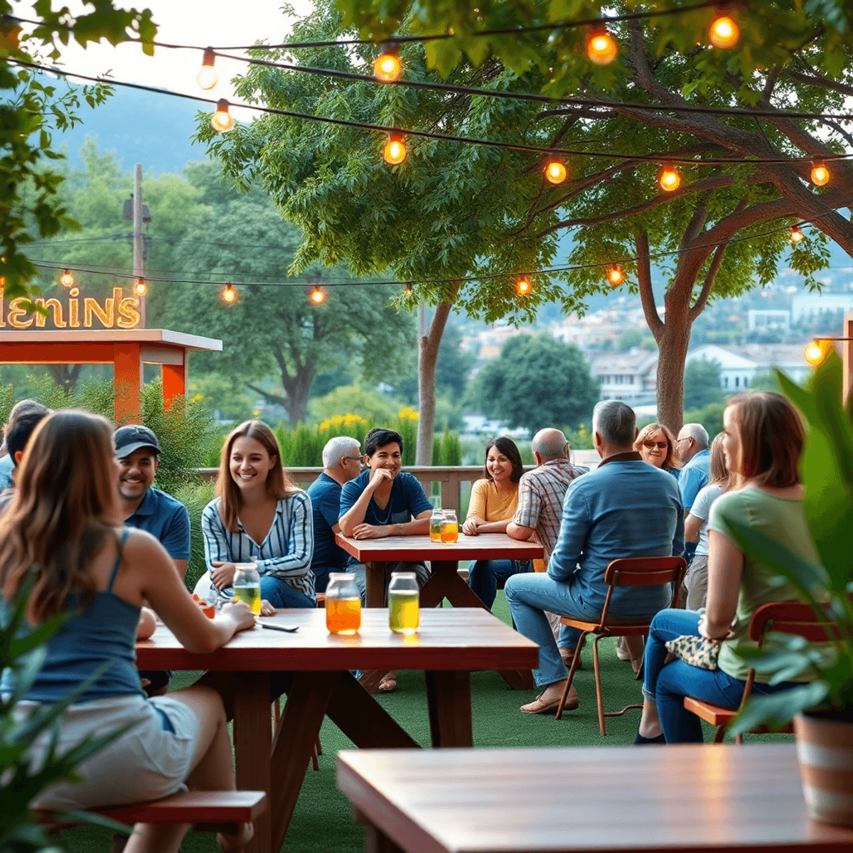 A cozy outdoor gathering with singles chatting around picnic tables, twinkling string lights above, set in lush greenery, capturing the charm of co...