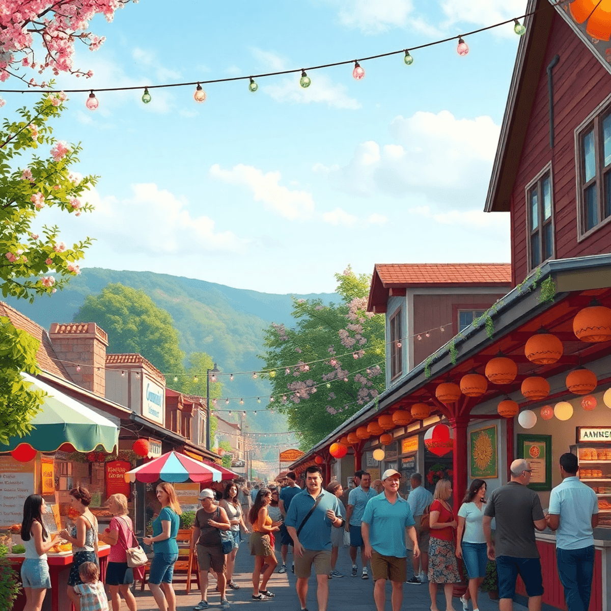 A vibrant small-town festival in Livingston, California, filled with colorful decorations, food stalls, cherry blossoms, and festive lights, creati...