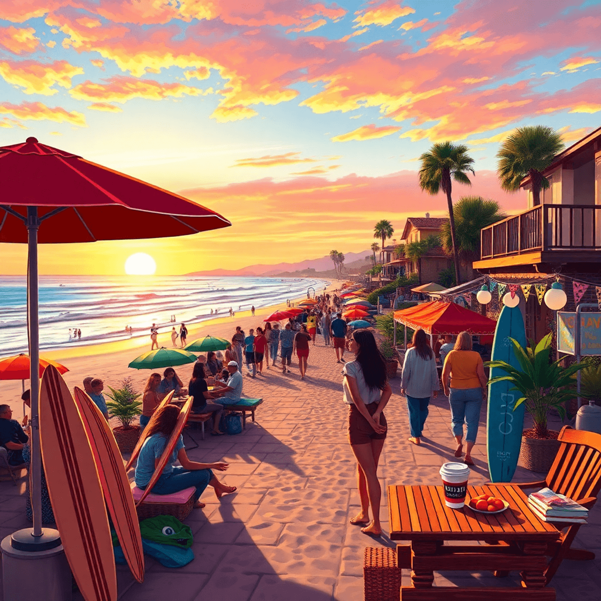 A colorful coastal scene of Isla Vista, California, showcasing surfboards, beach umbrellas, coffee cups, and art festival decorations with a stunni...