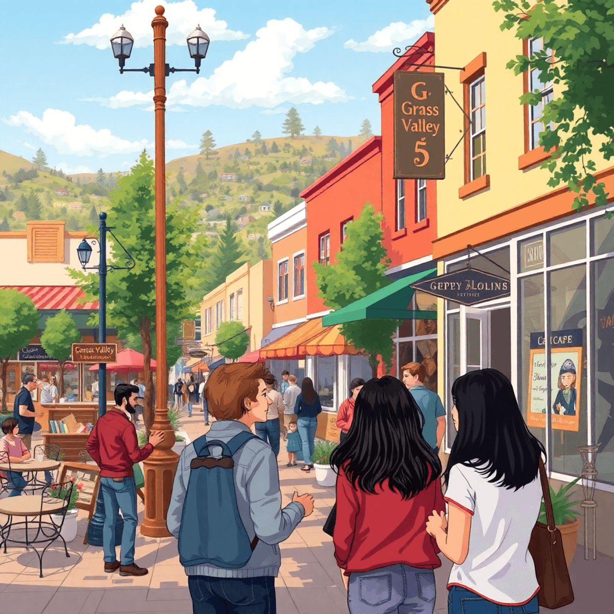 A lively downtown scene in Grass Valley, California, with cozy cafes, boutiques, and a small group of people enjoying a community gathering in warm...