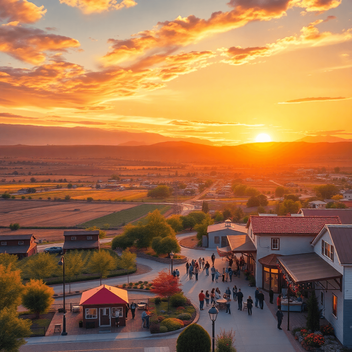 A scenic sunset over Avenal, California, highlighting agricultural fields and community spaces filled with vibrant local events, evoking warmth and...