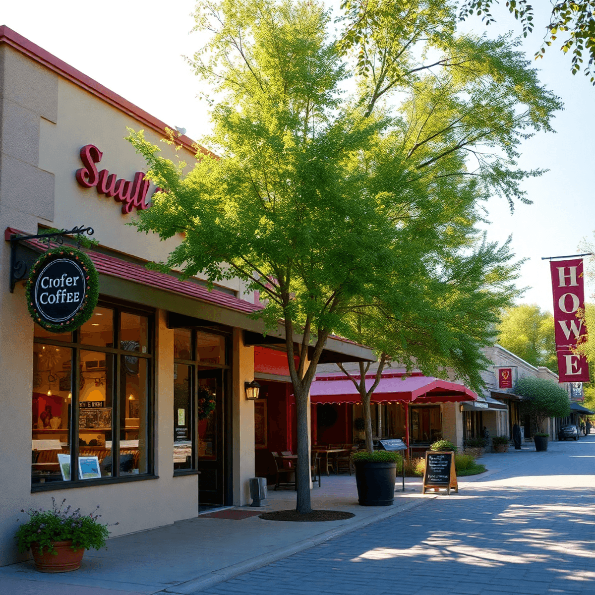 A charming small-town street in Granite Bay, California, with a cozy coffee shop and an elegant restaurant, bathed in soft sunlight and adorned wit...