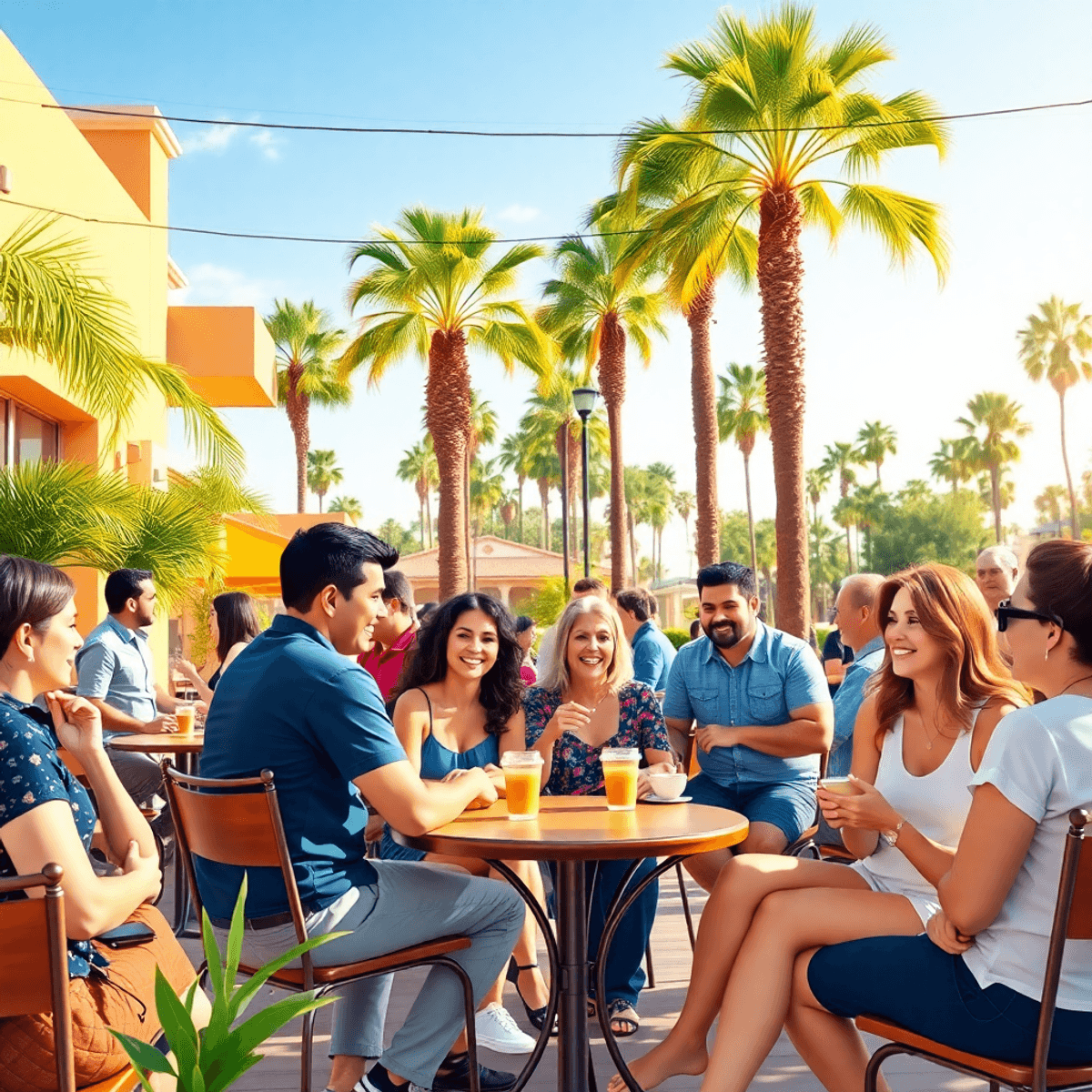 A lively outdoor café scene in Willowbrook, California, with singles chatting and laughing among palm trees, coffee cups, and small tables under a ...
