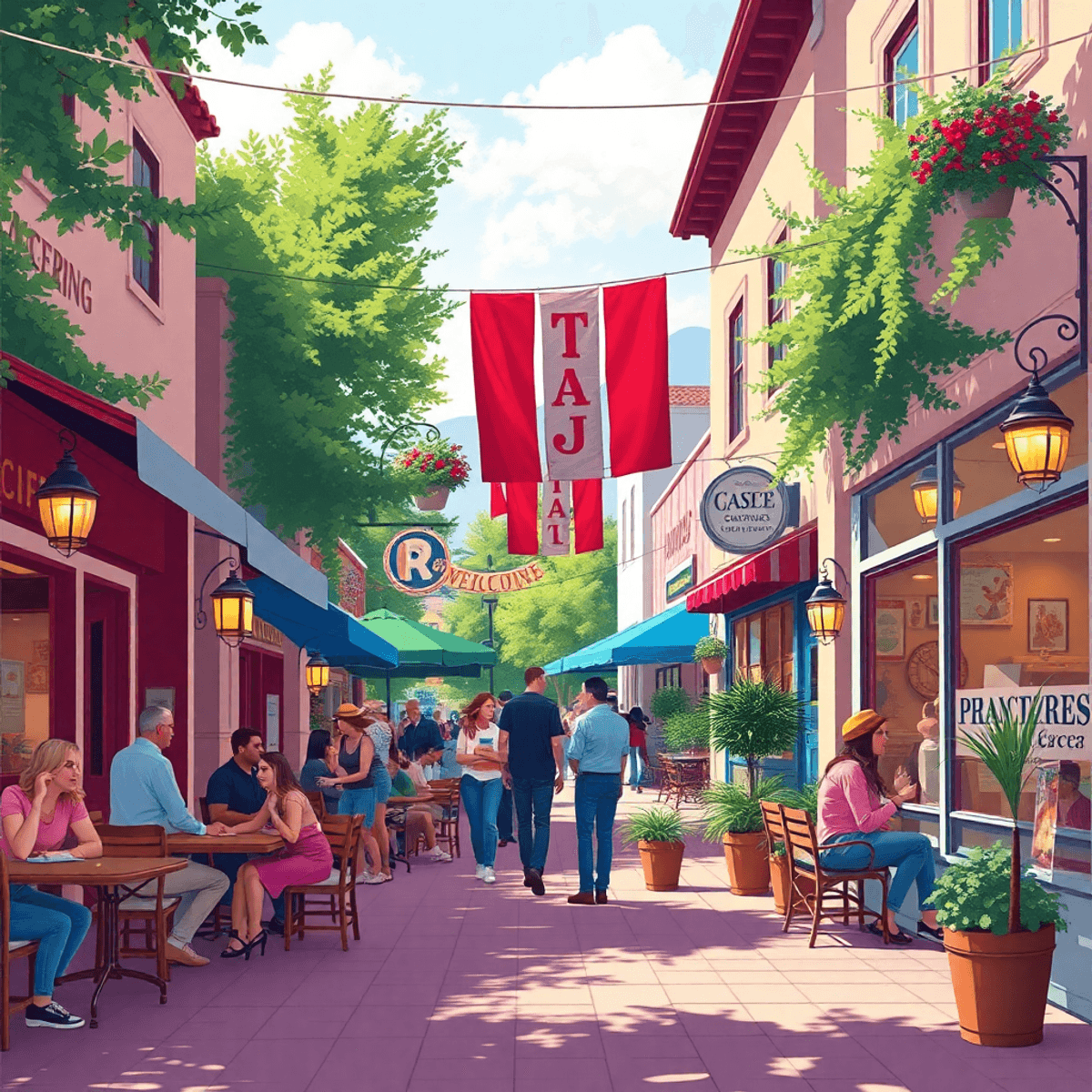 A lively street scene in La Crescenta-Montrose, California, with bustling cafes and shops, outdoor seating filled with people chatting, creating a ...