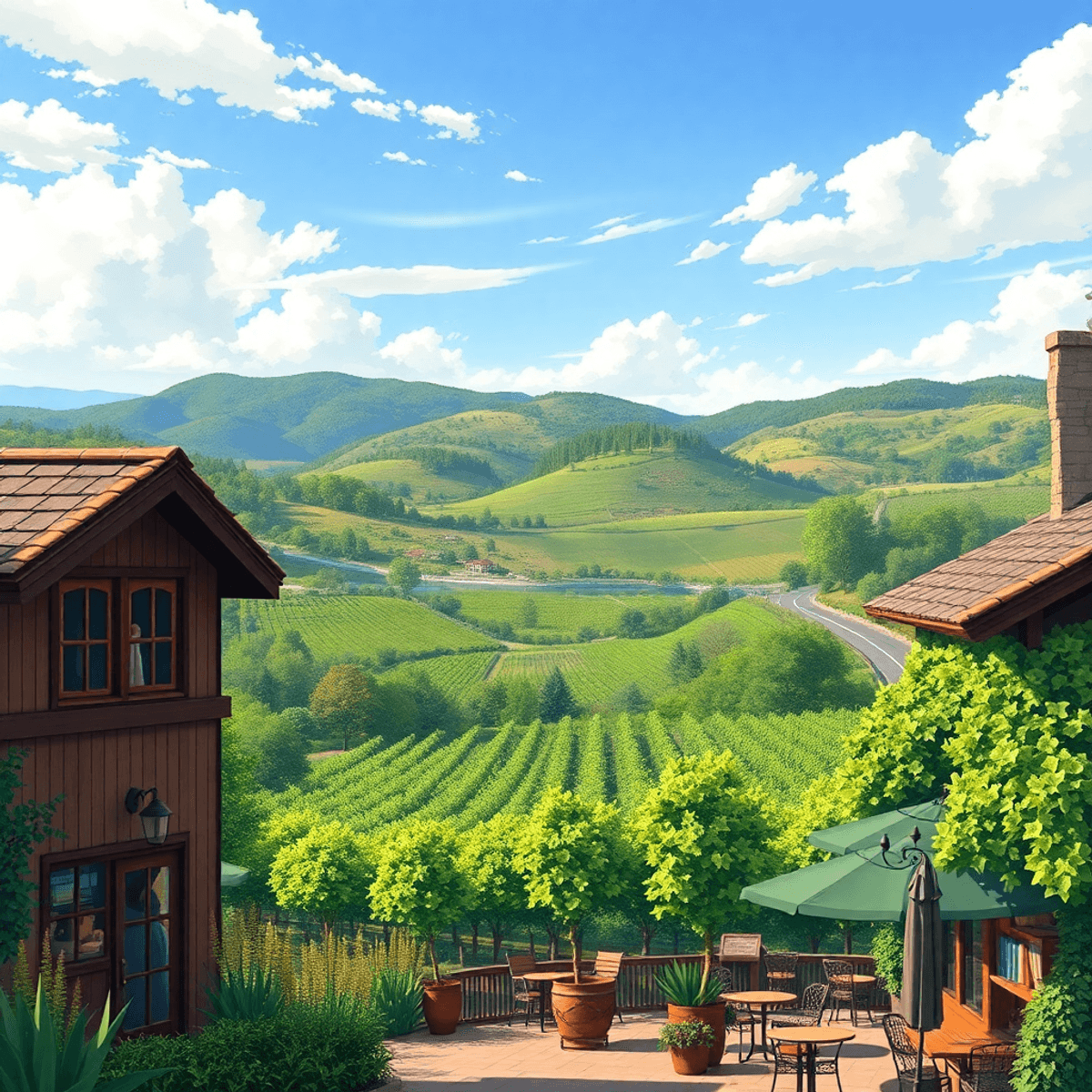 A scenic view of American Canyon with vineyards and greenery, featuring a cozy cafe in the foreground, evoking romance and adventure in California'...