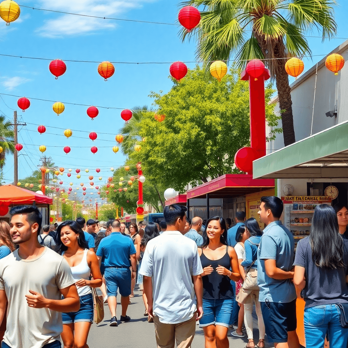 A lively street scene in Valinda, California, filled with colorful decorations and food stalls as singles mingle and enjoy a vibrant community event.