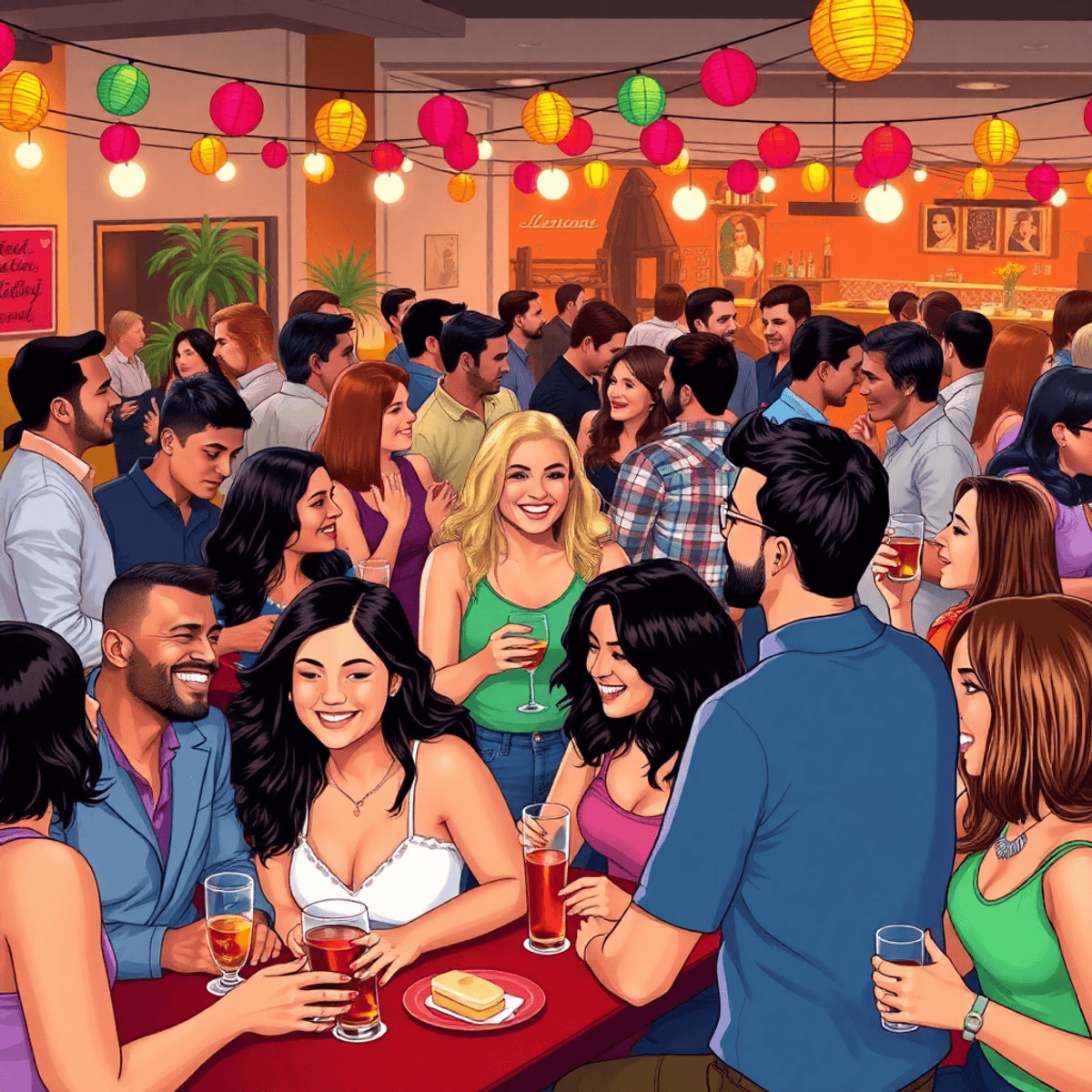 A lively scene of singles at a social event in Lennox, California, featuring colorful decorations and people laughing and interacting during speed ...