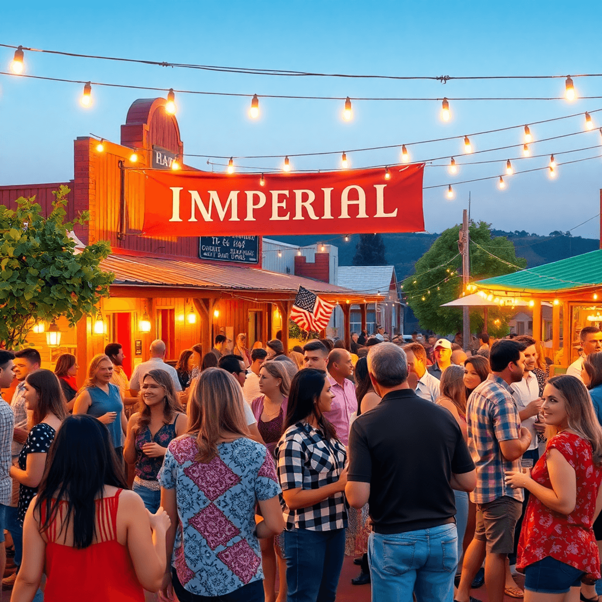 A lively outdoor community gathering in Imperial, California, showcasing singles mingling near local landmarks, with warm lighting and a cozy atmos...