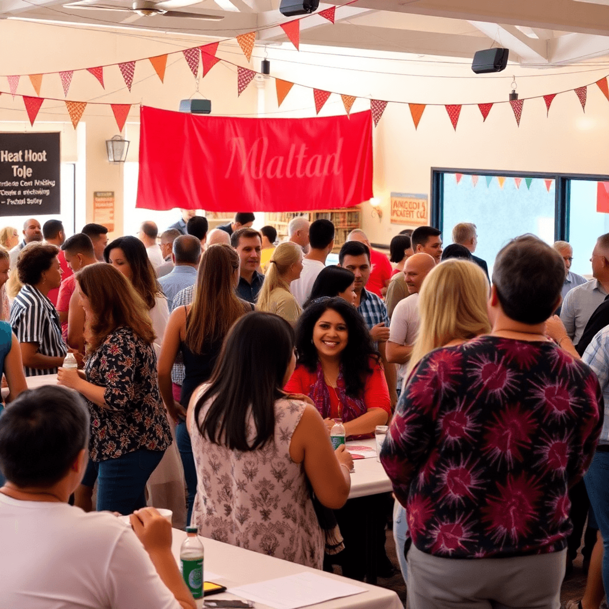 A lively community event in East Hemet, California, featuring singles engaging in conversation under colorful banners, with tables set up for socia...