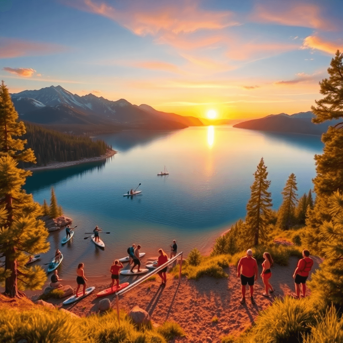 A vibrant sunset over a serene lake surrounded by majestic mountains, with paddleboarders, hikers on a trail, and people playing beach volleyball.