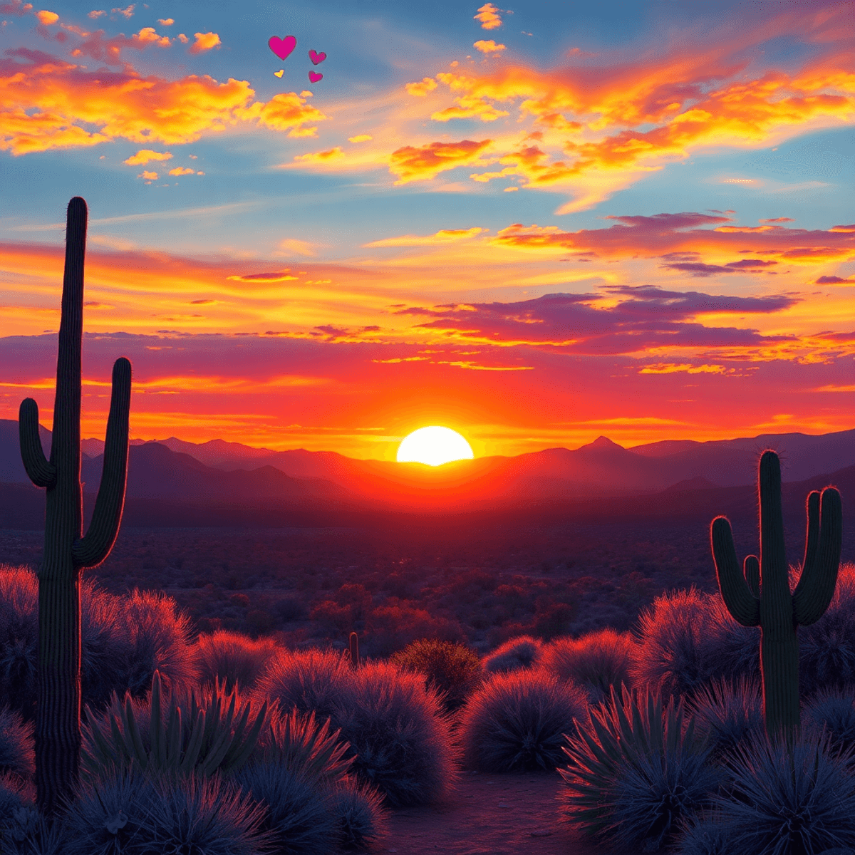 A vibrant desert sunset over Yucca Valley, featuring cacti and mountains, with subtle symbols of love like hearts and intertwined hands integrated ...