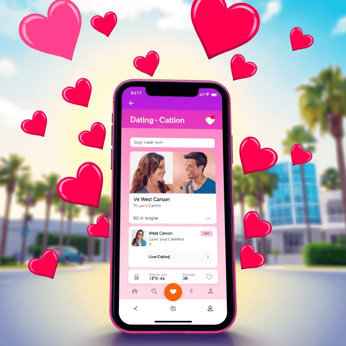 A smartphone displaying a dating app, surrounded by hearts and chat bubbles, with palm trees and a sunny California sky in the background.